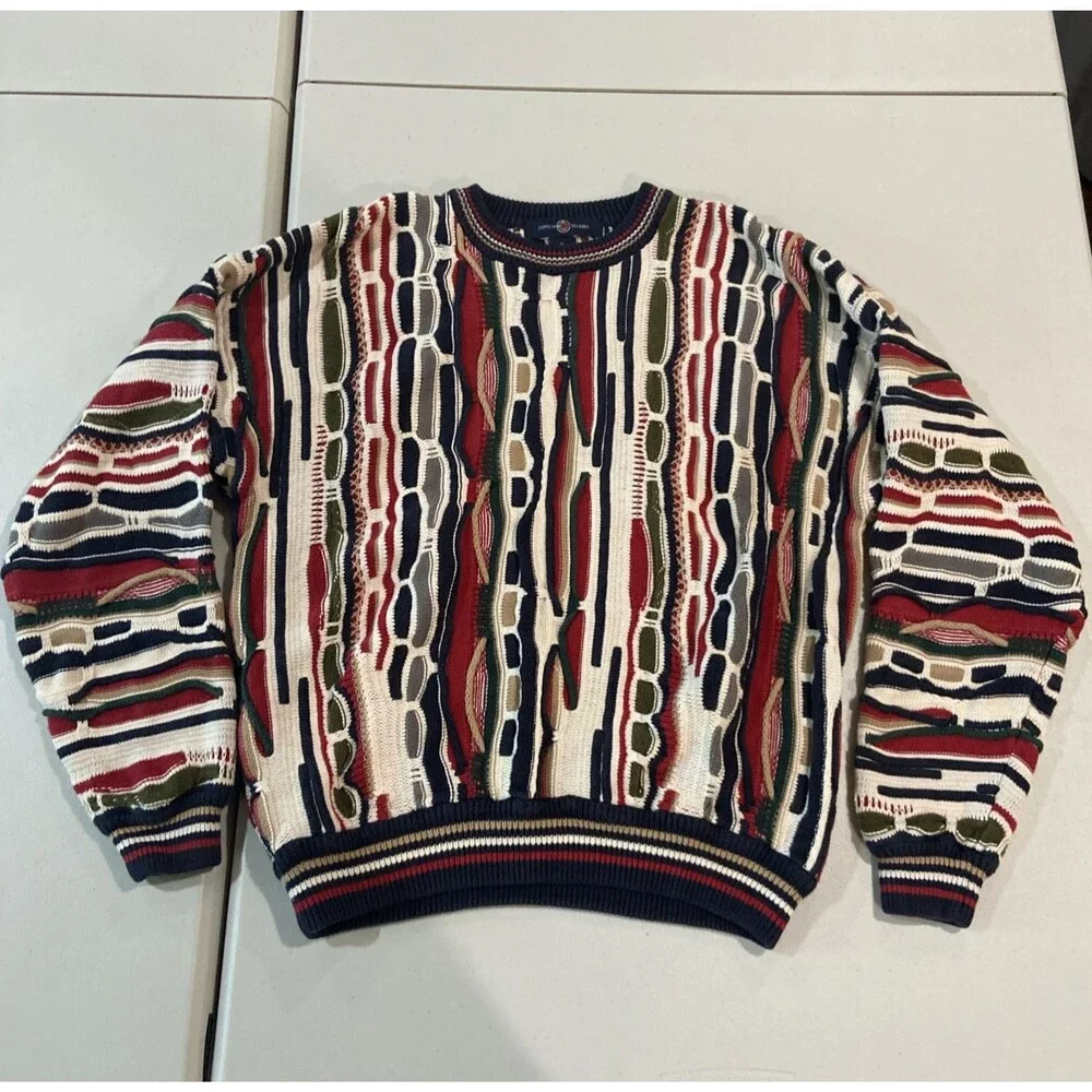 Vintage Cotton Traders 3D Knit Sweater Men's Medium Colorful Heavy Cotton 90s